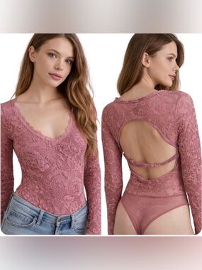 Free People Perfectly Fine Lace Open Back Bodysuit Womens M Mauve Pink Thong NEW